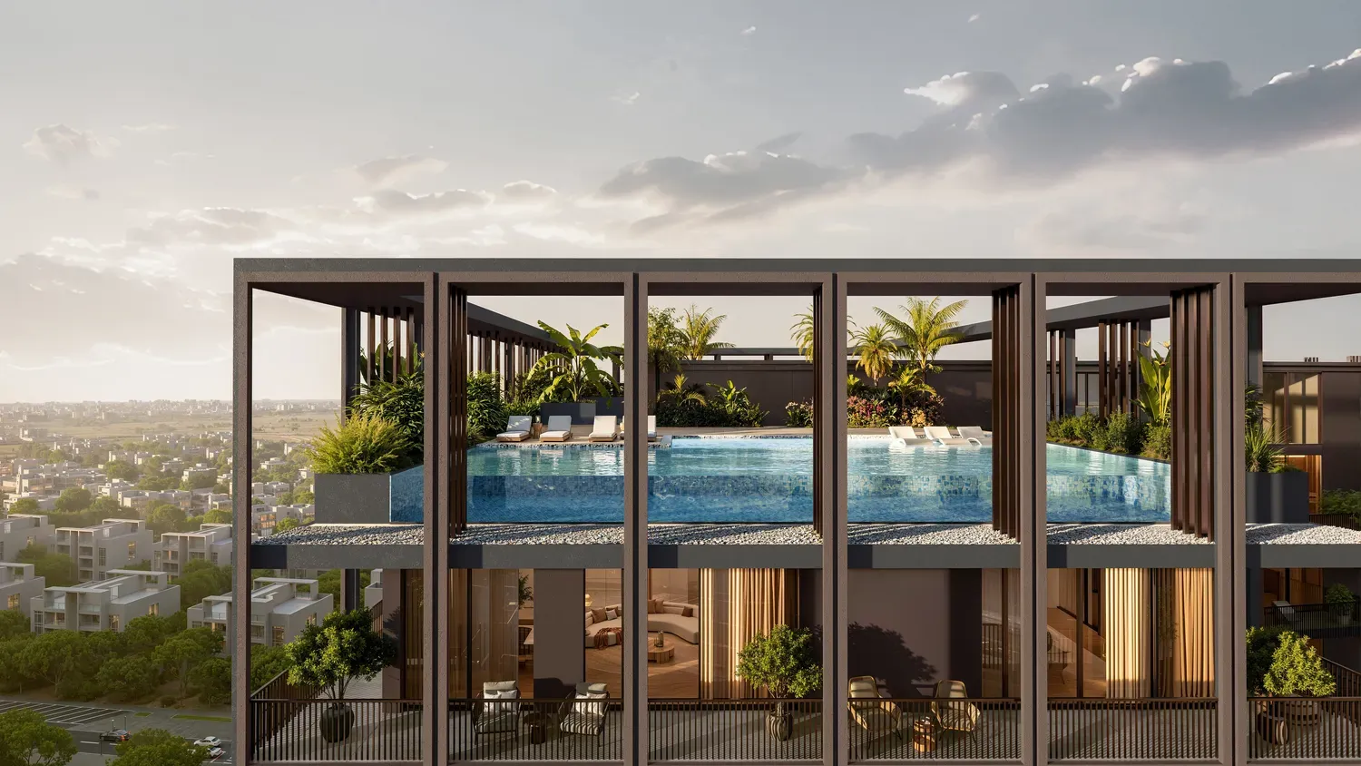 Piscine du rooftop de The Archive, vue sur le DLRC