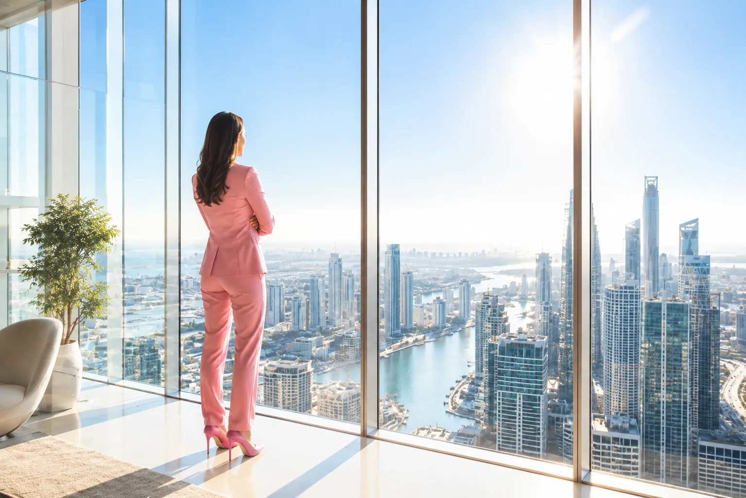 Investor looking out over the Dubai skyline at sunrise