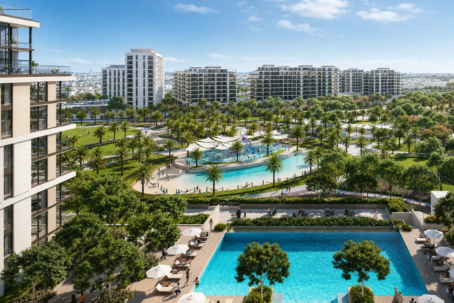 Central park and lagoon pools of Dubai Hills Estate