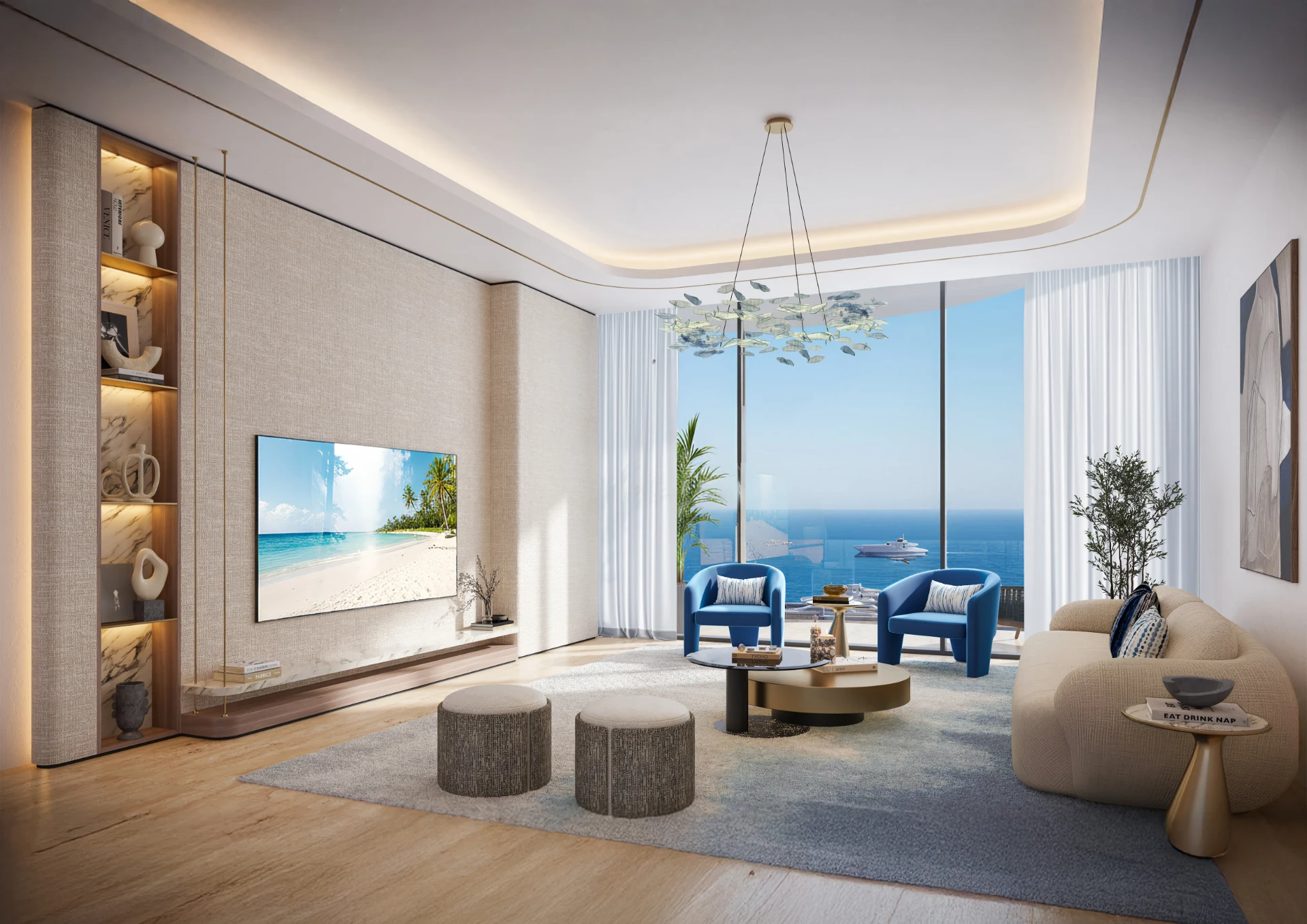 Salon d’un appartement de Royal Yacht Club Residence, vue mer