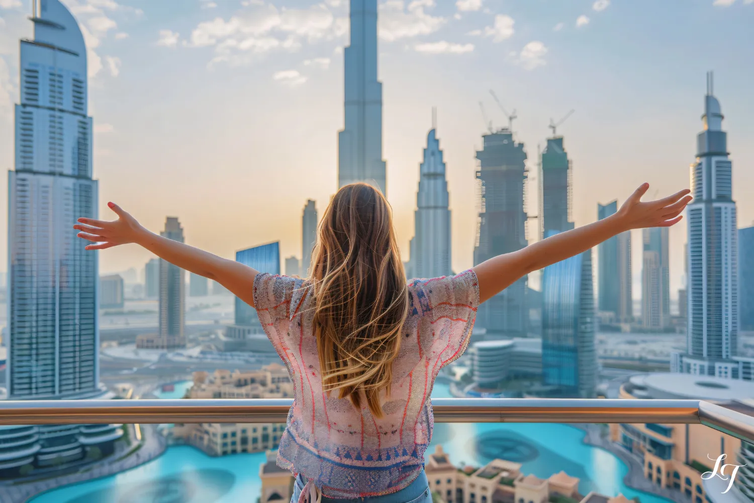 Dubai skyline at sunset with Downtown and the Burj Khalifa