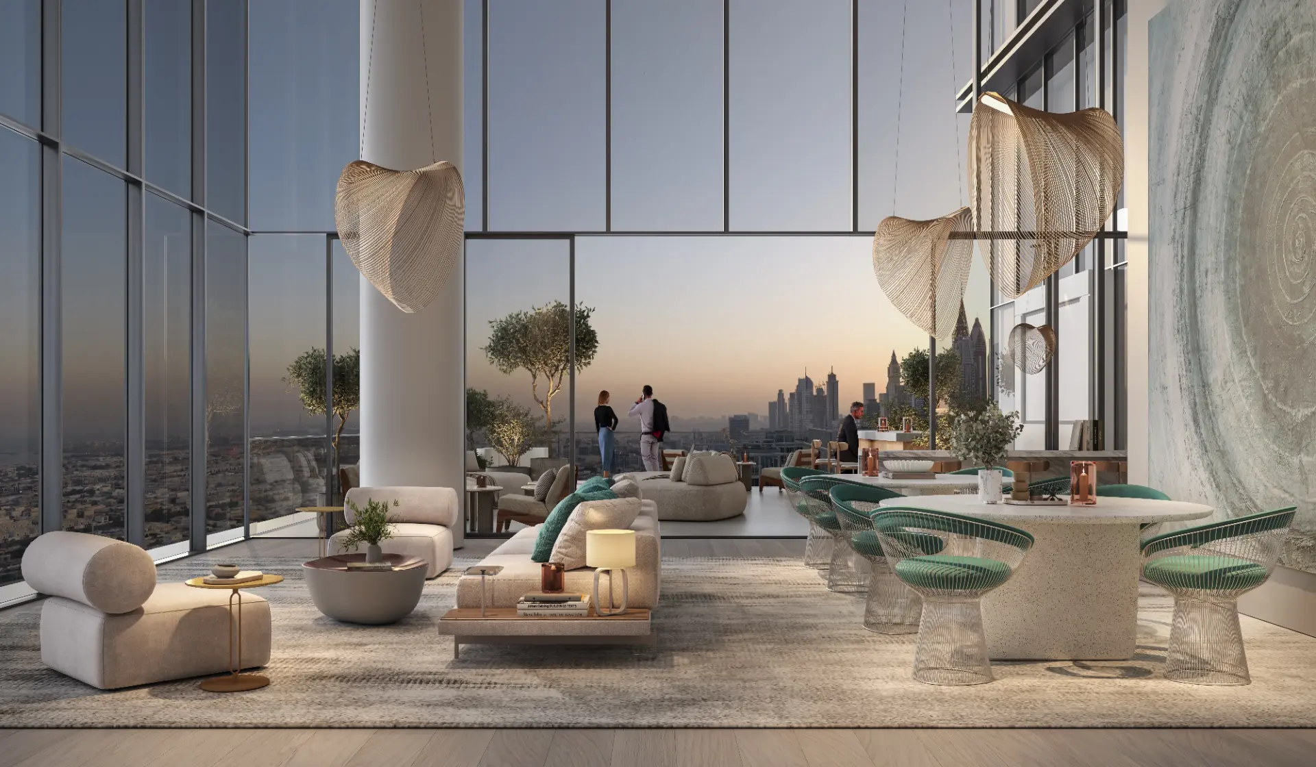 Living room of a Verve City Walk apartment overlooking the Dubai skyline