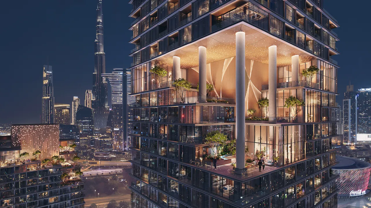 Verve City Walk at night, sky terraces facing the Burj Khalifa