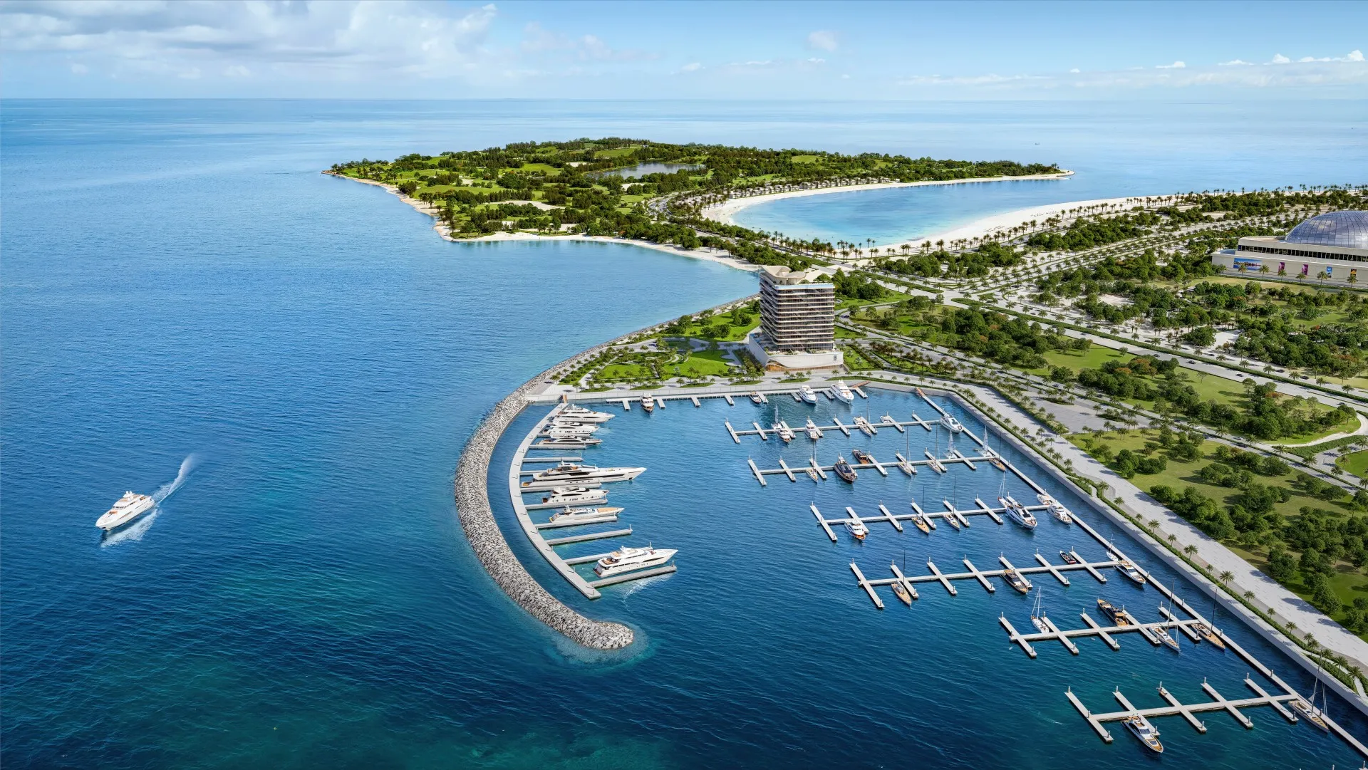 Aerial view of the marina and beaches of Dubai Islands