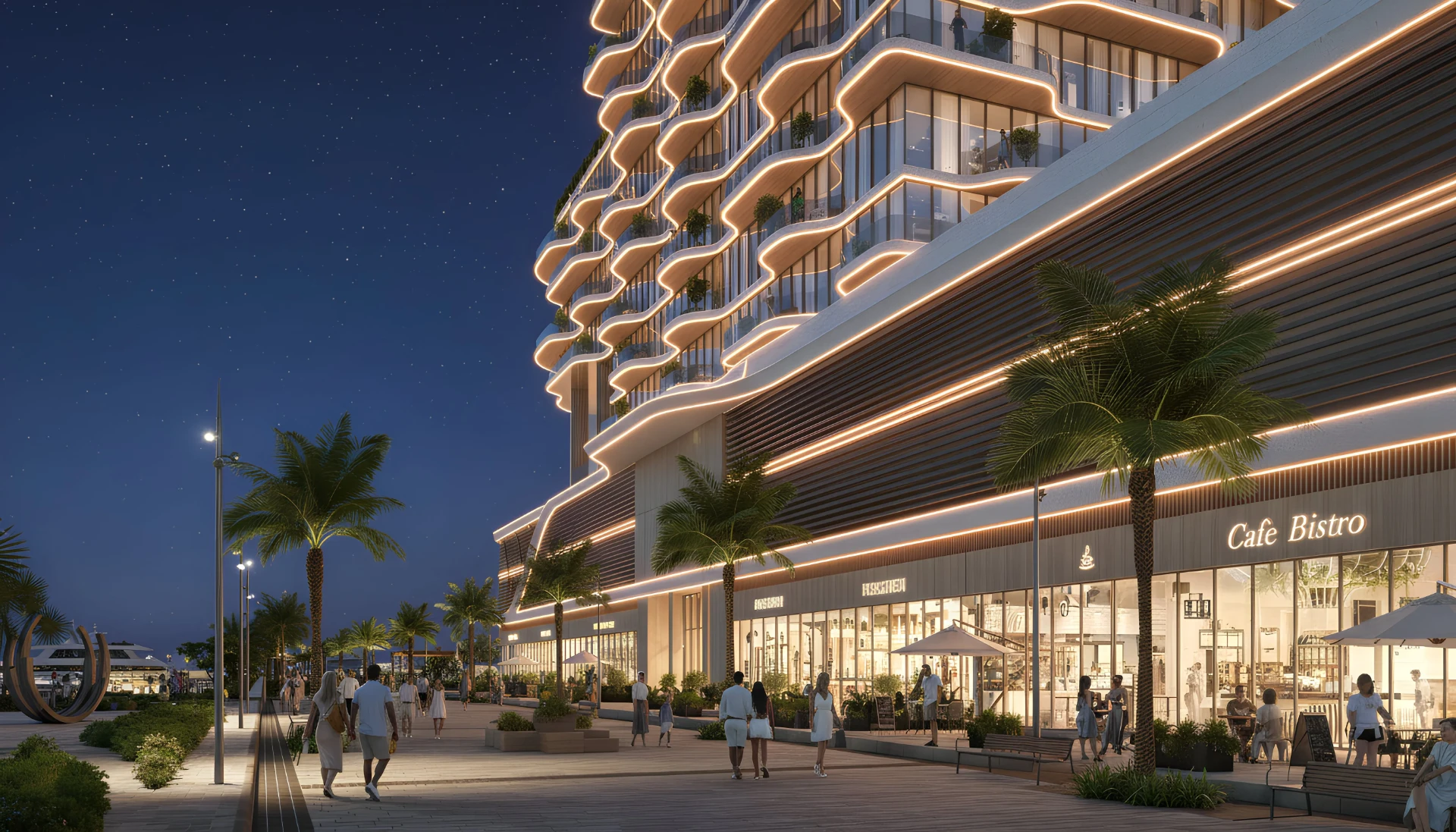 Promenade commerçante au pied de Royal Yacht Club Residence, Dubai Islands