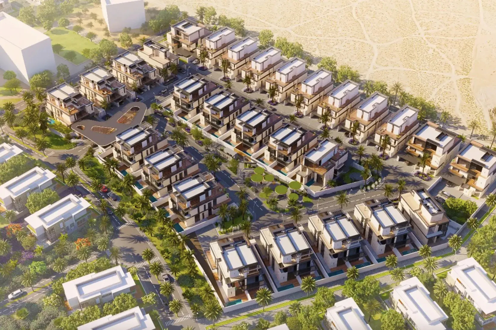 Aerial view of the 42 villas of LUA Residences in Meydan, Dubai