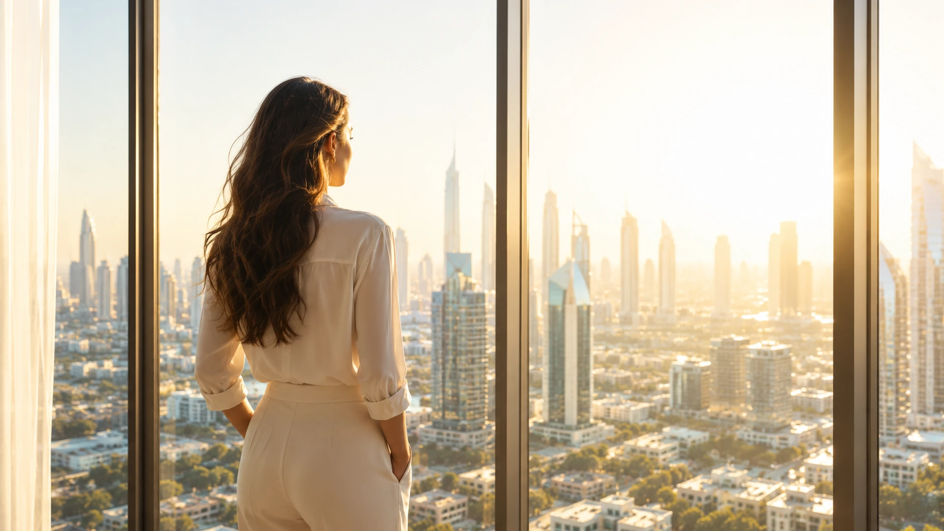 Investisseuse face à la skyline de Dubaï au lever du jour