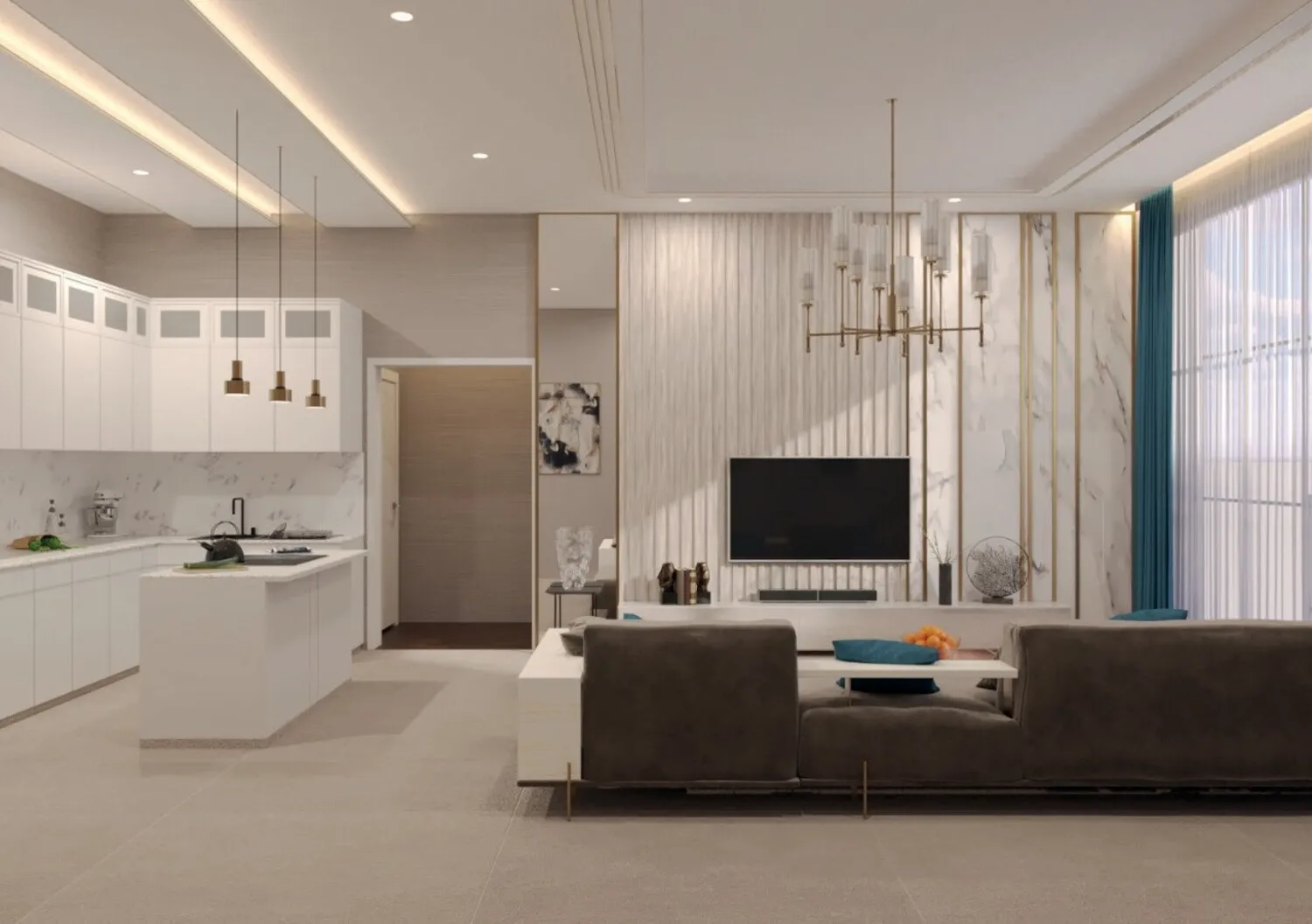 Living room and open kitchen of a 5 bedroom villa at LUA Villas