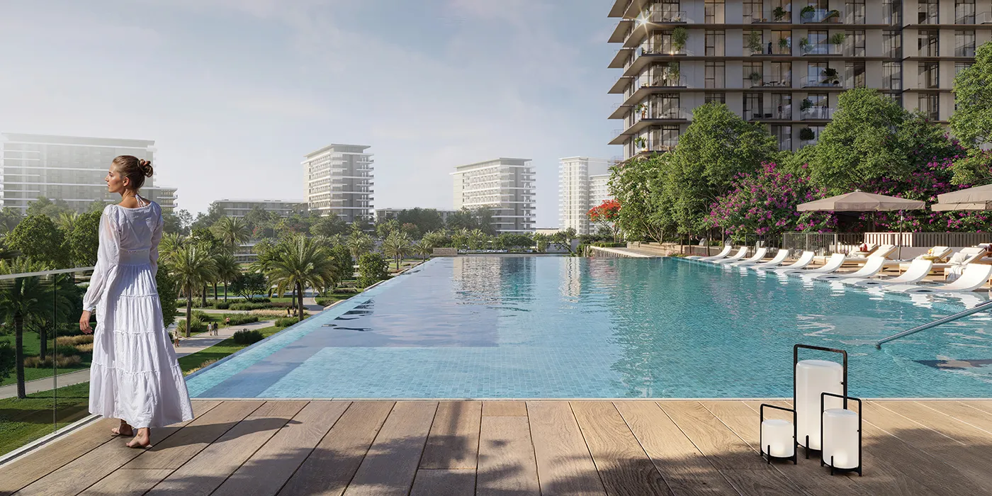 Infinity pool at Address Residences at sunset