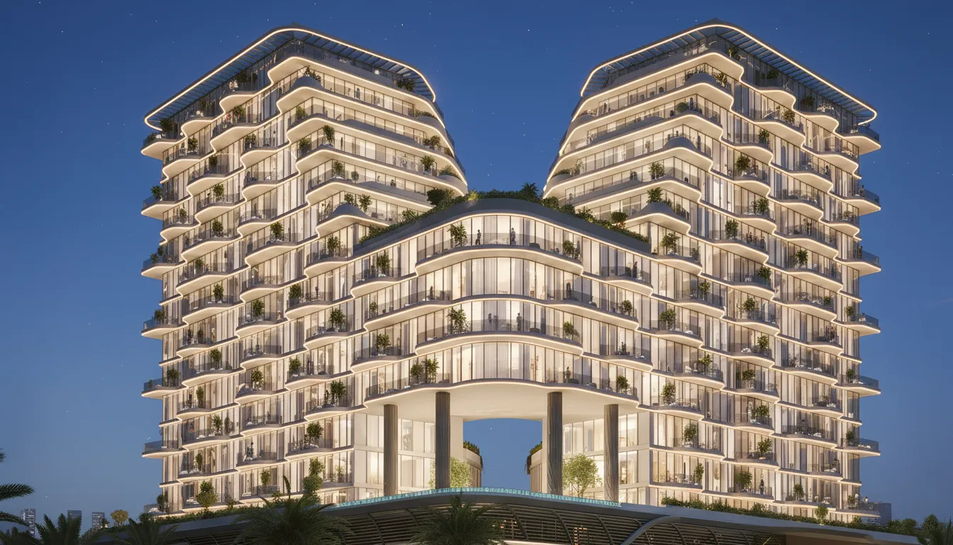 Façade éclairée de Royal Yacht Club Residence à Dubai Islands, la nuit