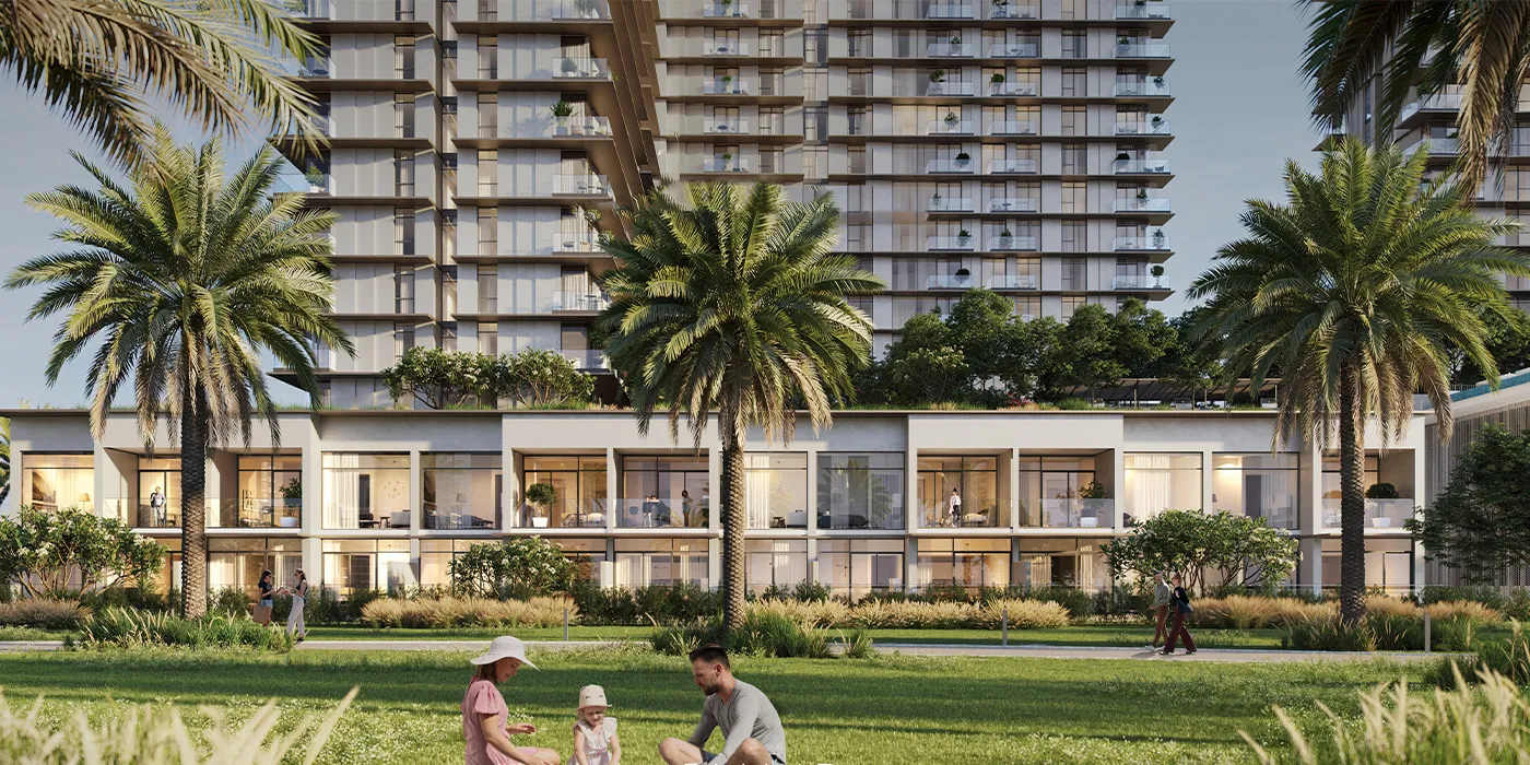 Address Residences facade opening onto Dubai Hills Estate park