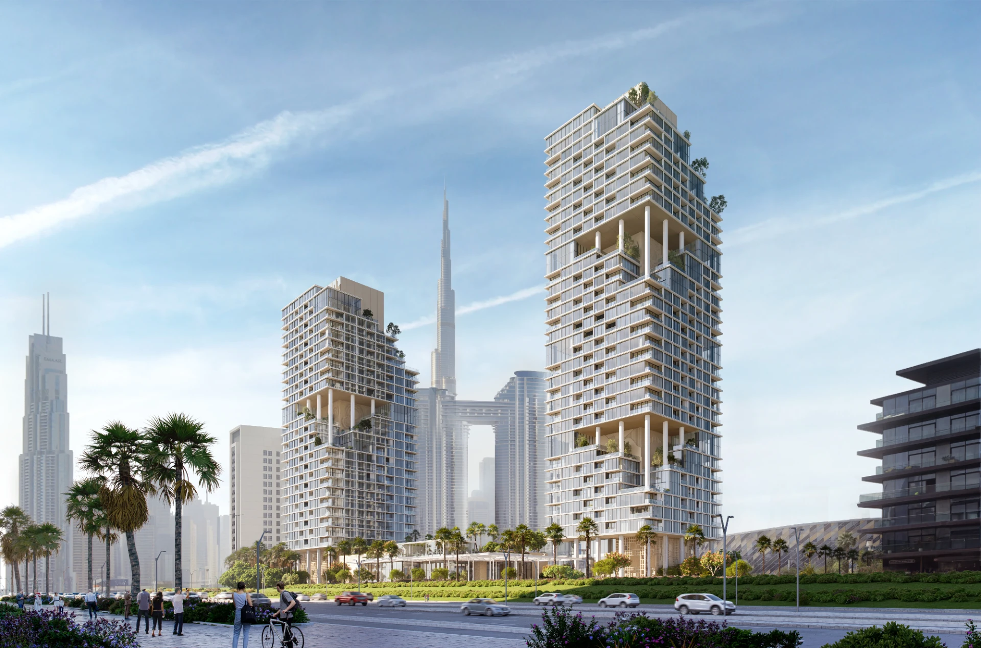 The Verve towers at City Walk, Dubai, with the Burj Khalifa behind