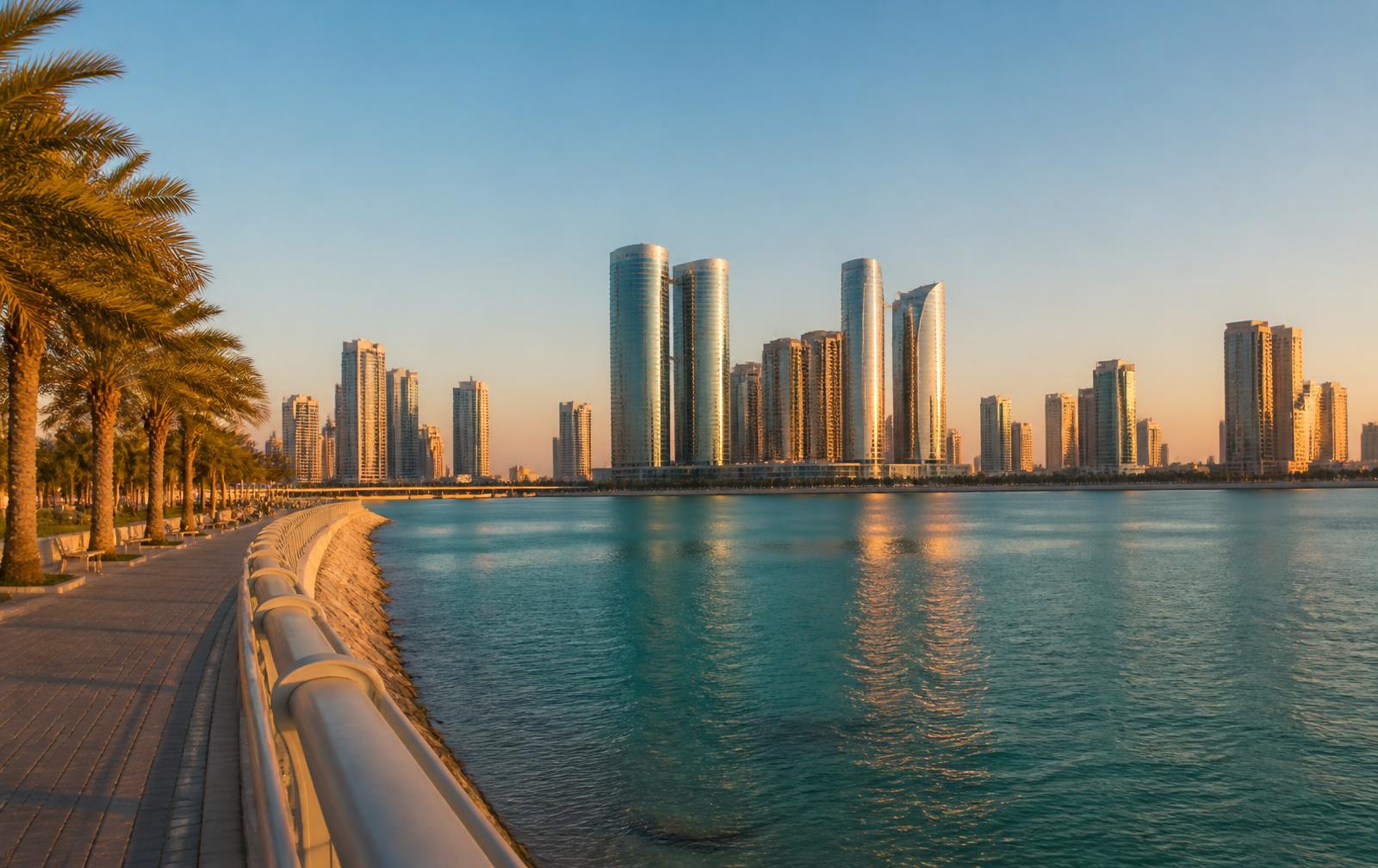 Abu Dhabi Corniche at sunset with the residential towers of Al Reem Island across the water