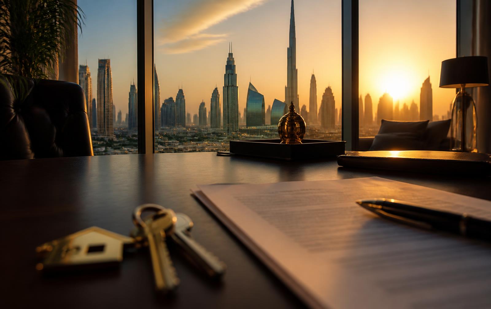 Bank office in Dubai overlooking the skyline at sunset, keys and a property finance file on the desk