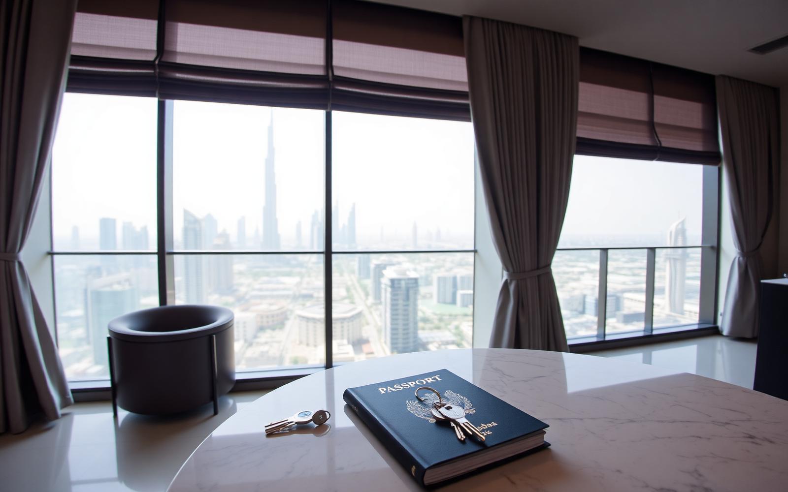 Table en marbre avec passeport et clés devant une vue sur la skyline de Dubaï