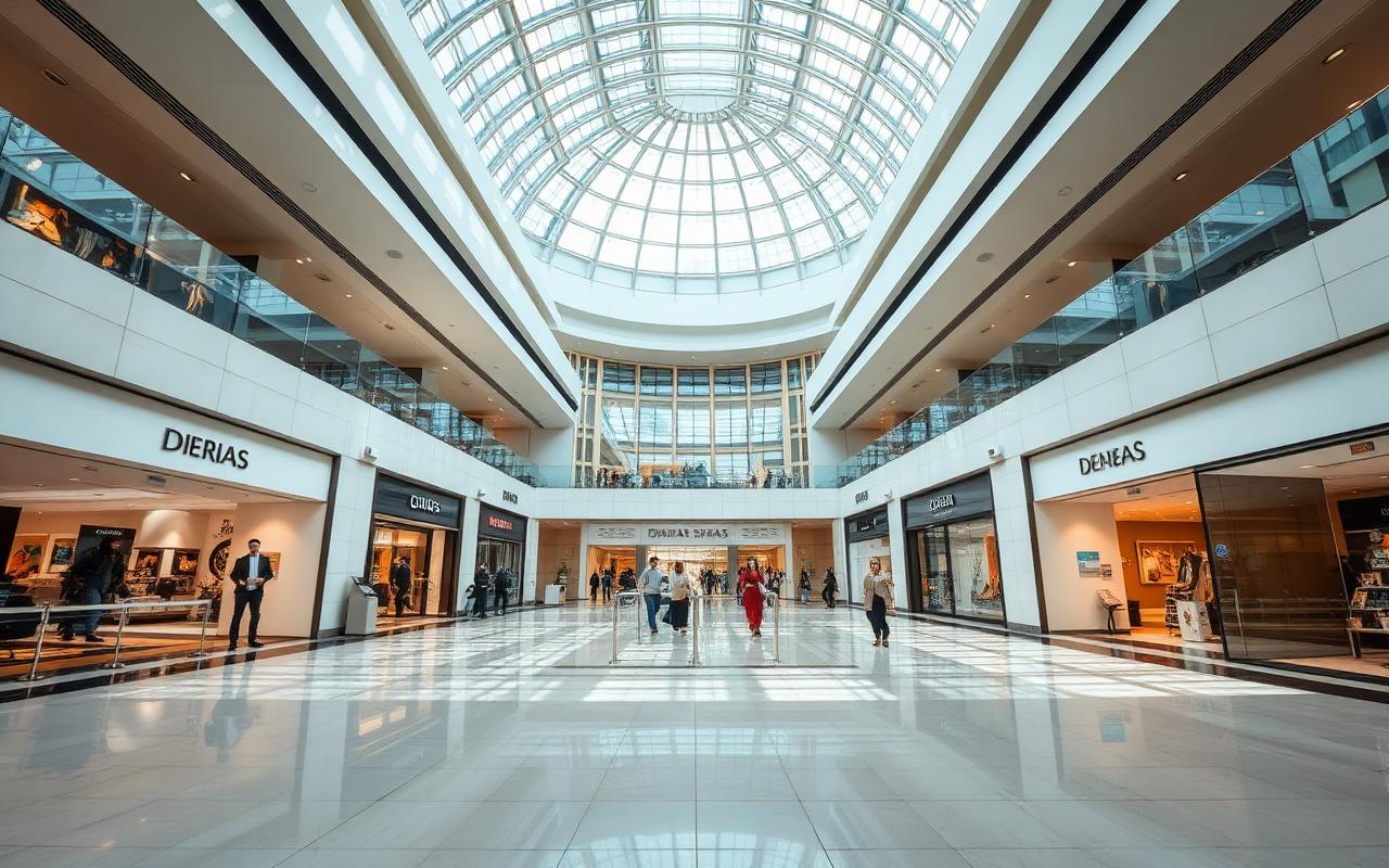 Atrium of a large Dubai shopping mall with a glass dome and premium storefronts in daylight