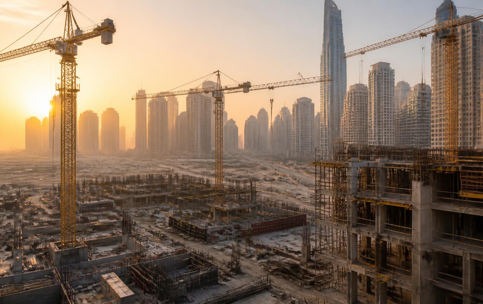 Residential towers under construction in Dubai at sunrise, tower cranes and concrete structures