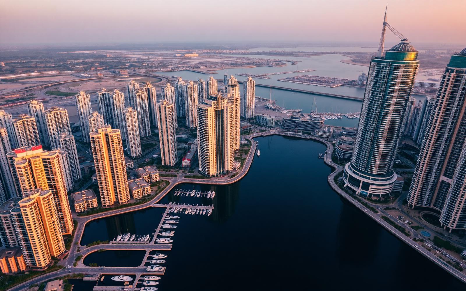 Aerial view of Dubai Marina and JLT residential towers at sunset