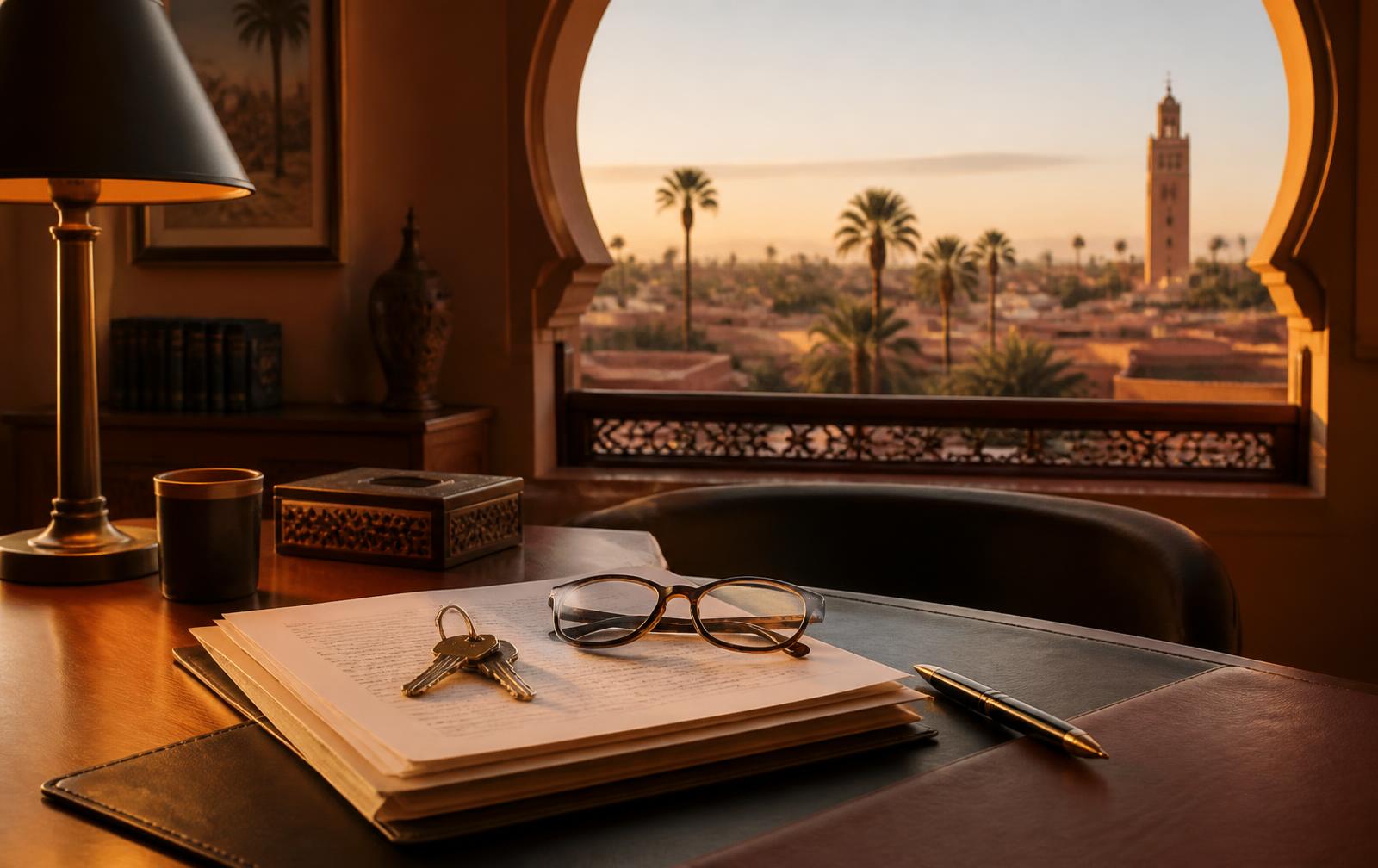 Bureau d'un conseiller bancaire à Marrakech, dossier de financement immobilier et clés, vue sur les toits de la médina et la Koutoubia au coucher du soleil
