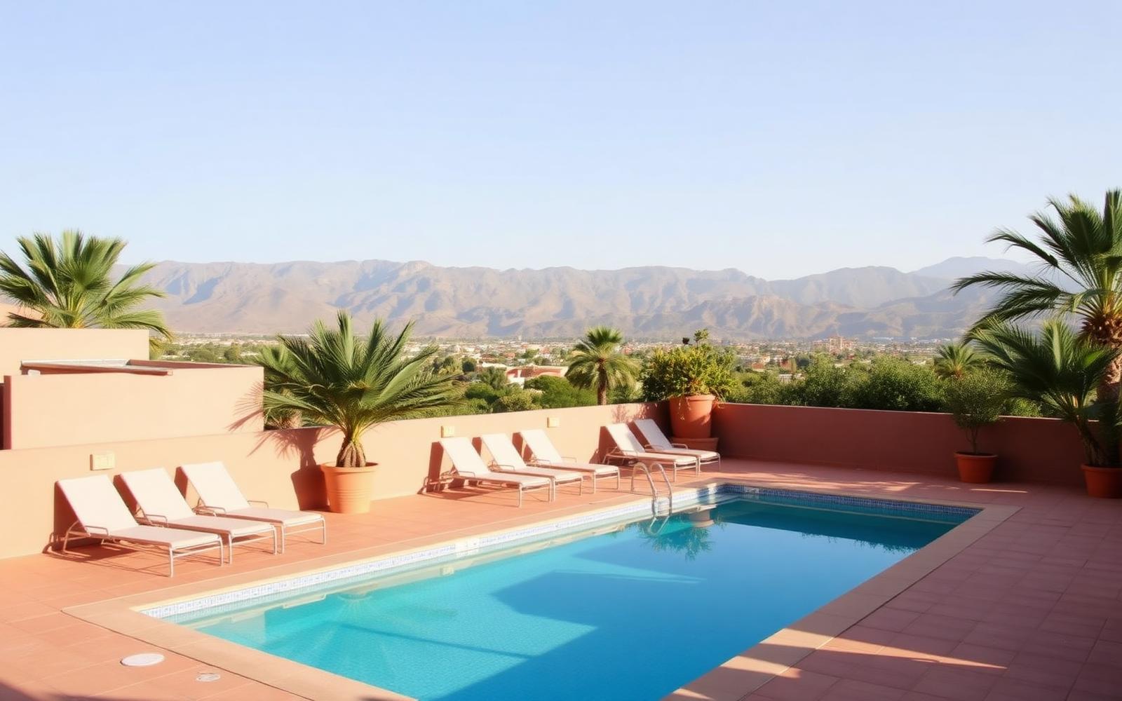 Terrace and pool of a Marrakech villa with the Atlas mountains in the background