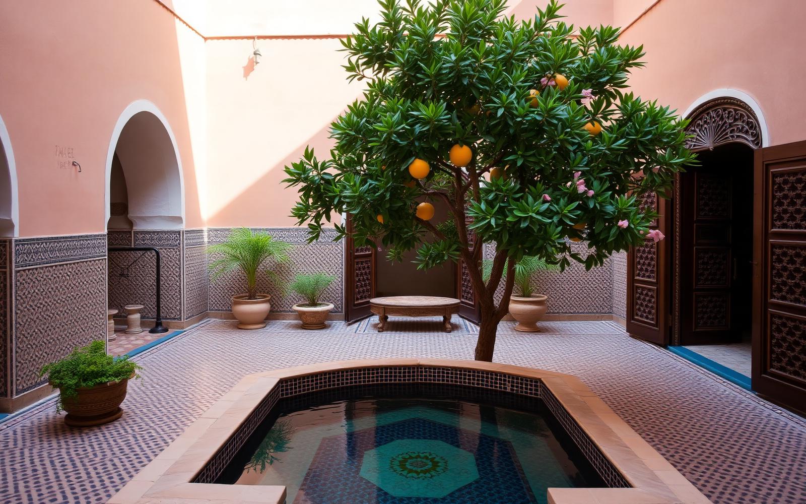 Courtyard of a traditional Marrakech riad with zellige tiling, plunge pool and orange tree
